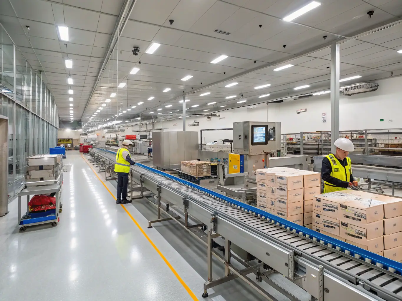 A highly efficient food and beverage production line with robotic packaging and automated quality control, demonstrating Kavod Automation's solutions for F&B industries.