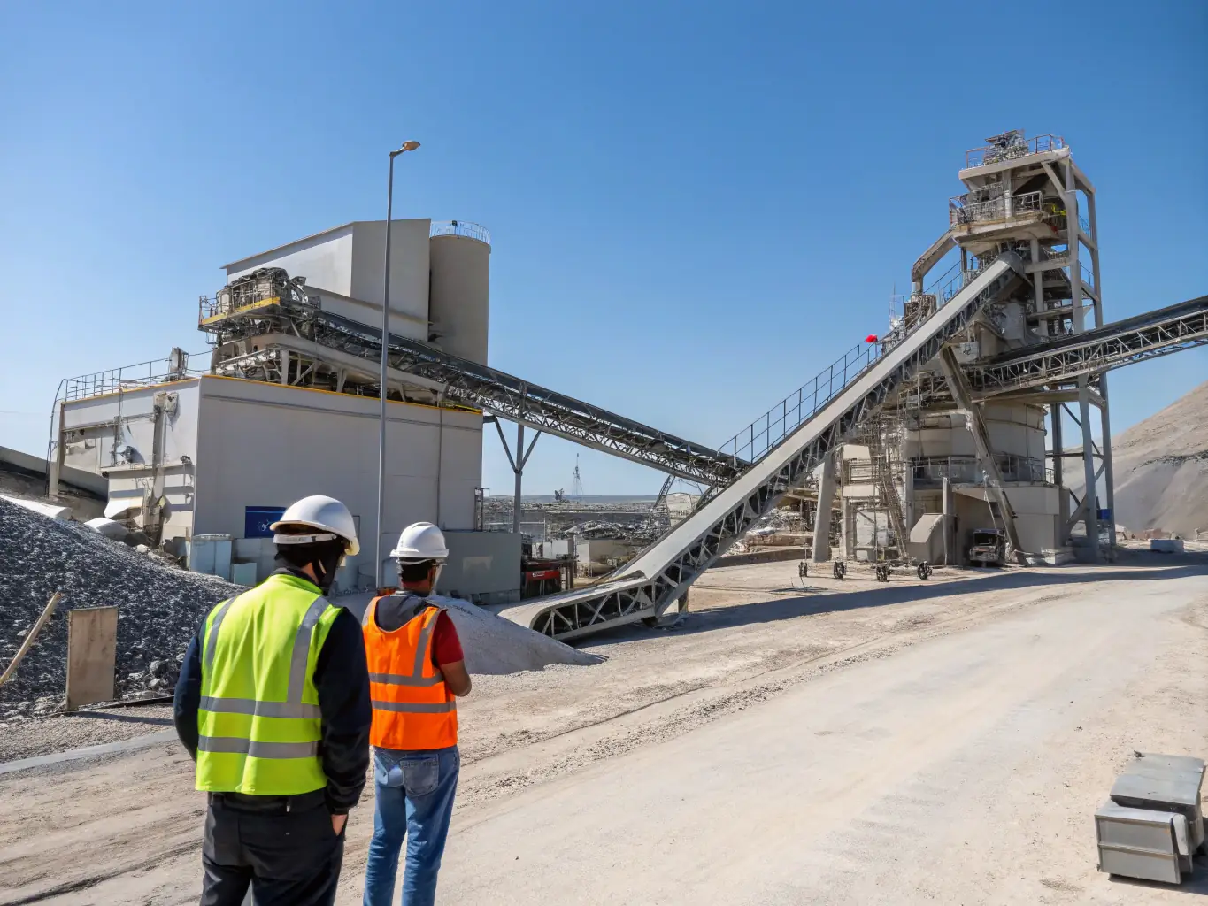A modern mineral processing plant with automated conveyor systems and robotic arms, showcasing Kavod Automation's expertise in optimizing mineral industries.