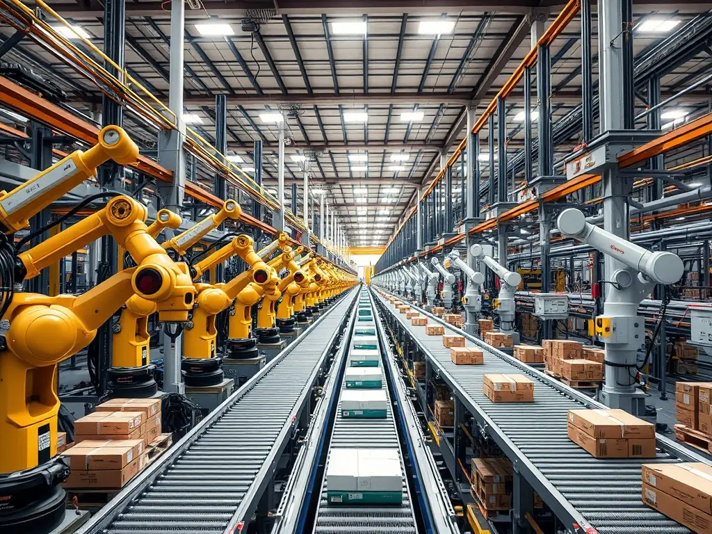 A photograph showcasing a modern, automated warehouse environment with robotic arms efficiently moving products, highlighting the efficiency and precision of Kavod Automation's material handling solutions.